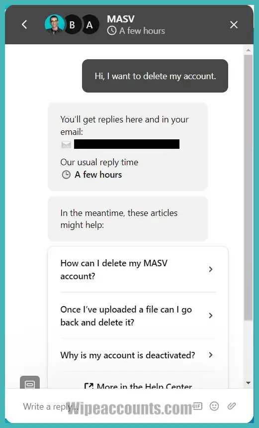 Image of customer support guide lines about how to delete Masv account
