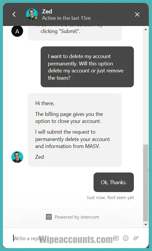 Image of final confirmation about how to delete Masv account