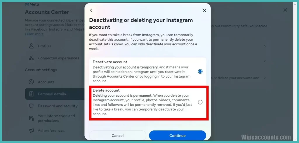 Choose delete account